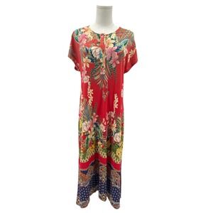 Johnny Was Red Tropical Floral Midi Dress Sz S Rayon Boho Short Sleeve Stretch